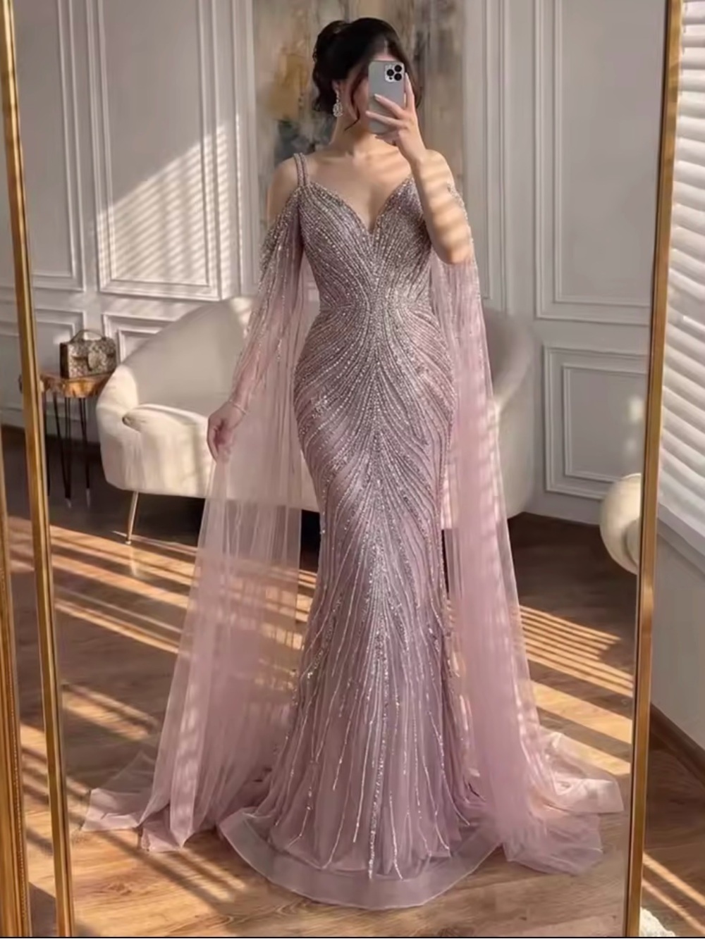 & Other Stories Dusty Pink Beaded Mermaid Gown with Sheer Cape